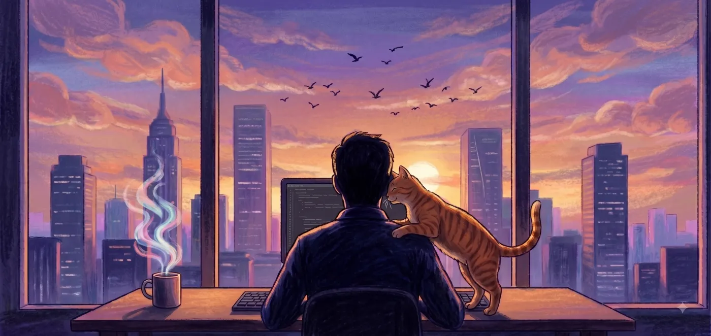 Illustration of a developer at a desk at dusk with an orange cat on his shoulder, looking out over a city skyline